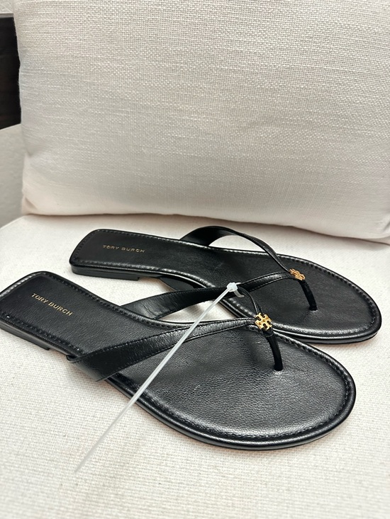 Tory Burch Shoes - Tory Burch Black Leather Thong Sandals with Gold Logo